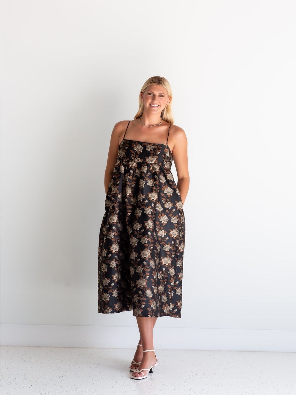 Black Floral Spaghetti-Strap Dress